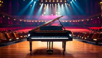 ai genererad skön svart piano i de konsert hall foto