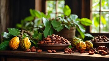 ai genererad mogen kakao frukt i de kök foto