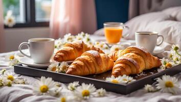 ai genererad croissanter, en kopp av kaffe, blommor på en bricka i de sovrum foto