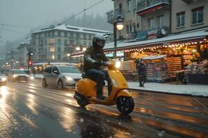 ai genererad en man i en hjälm rider en moped runt om de stad.leverans av varor på en moped foto