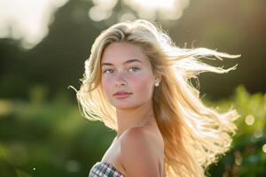 ai genererad porträtt av en ung skön flicka med blond hår i sommar i en fält i de solljus foto