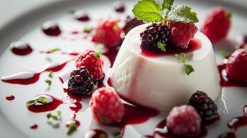 ai genererad panna Cotta, ett italiensk efterrätt på en tallrik foto