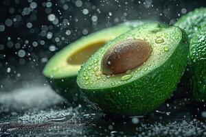 ai genererad en grön avokado skära i halv och stänk av vatten på en mörk bakgrund foto