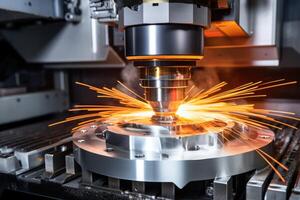 ai genererad laser skärande av metall på cnc maskiner, modern industriell teknologi för tillverkning industriell delar. modern metallbearbetning foto