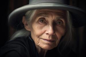 ai genererad porträtt av ett äldre kvinna i en hatt, på en svart bakgrund foto