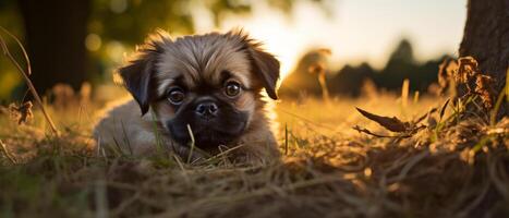 ai genererad förtjusande pekingese hund slappa i frodig gräs. foto