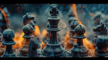ai genererad eleganta svart schack står på en schackbräde och en brand är brinnande runt om. dyster miljö foto