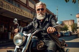 ai genererad ett äldre Brutal man med en skägg och glasögon rider en motorcykel på en stad gata i sommar foto