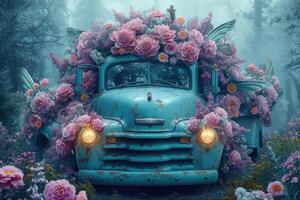 ai genererad ett gammal lastbil i en blomma säng. dekor foto