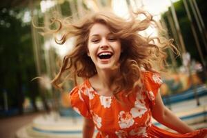 ai genererad porträtt av en Lycklig ung flicka gående i de parkera i sommar foto