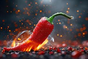 ai genererad färsk röd chili peppar på brand. de begrepp av kryddad mat och kryddor foto