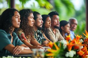 ai genererad en grupp av vänner är Sammanträde tillsammans på en minnesmärke tabell utanför. bali foto