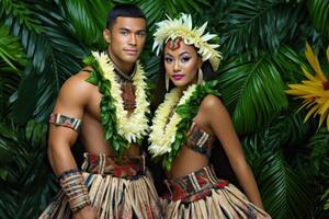 ai genererad porträtt av en man och en kvinna i nationell kostymer. polynesien foto