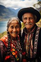 ai genererad porträtt av en Lycklig äldre par på semester i nationell kostymer. resa foto