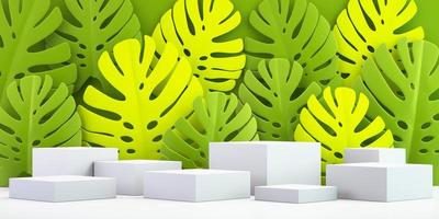 3D-bakgrund för mock up-podium för produktpresentation, gröna bladbakgrund, 3d-rendering foto