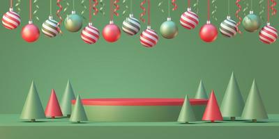 jul och nyår produkt podium mockup display bakgrund med julgran och julboll med band, 3d render bakgrund