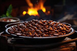 ai genererad rostad kaffe bönor närbild i maträtter . colombianska kaffe foto