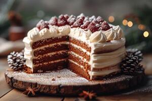 ai genererad en eleganta handgjort kaka med en Skära ut bit står på de stå av de kök tabell foto