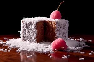 ai genererad lamington - ursprung i Australien, en lamington är en svamp kaka fyrkant doppade i choklad glasyr och överdragen med uttorkad kokos foto