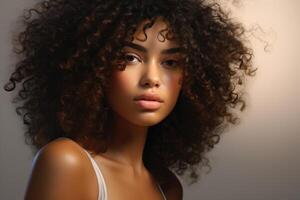 ai genererad skön afrikansk amerikan kvinna med rena friska hud och lockigt hår. foto