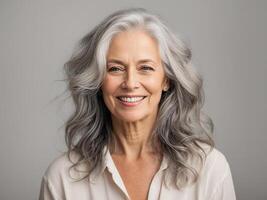 ai genererad skön äldre kvinna med grå hår foto