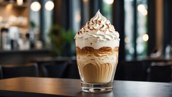ai genererad skön latte kaffe med vispad grädde i en glas i en Kafé foto