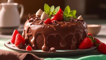utsökt choklad kaka med jordgubbar foto