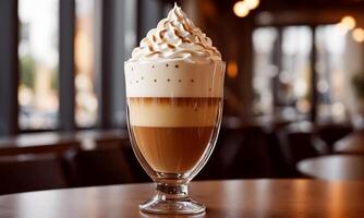 ai genererad skön latte kaffe med vispad grädde i en glas i en Kafé foto