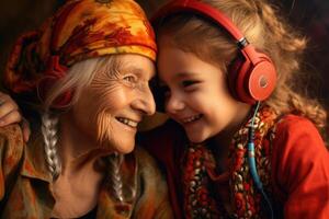 ai genererad en liten flicka och henne mormor är lyssnande till musik på en svart bakgrund med hörlurar foto