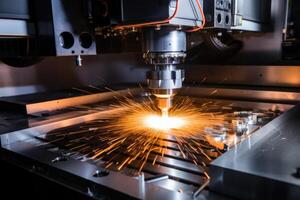 ai genererad laser skärande av metall på cnc maskiner, modern industriell teknologi för tillverkning industriell delar. modern metallbearbetning foto