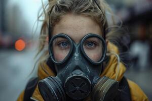 ai genererad en flicka i en gas mask på en stad gata. skyddande andas hjälpa foto