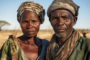 ai genererad porträtt av ett afrikansk par av en man och en kvinna mot de bakgrund av afrikansk natur. mogna afrikansk par foto