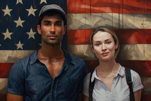 ai genererad porträtt av en man och en kvinna patrioter av deras Land mot de bakgrund av en stad gata foto