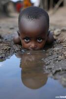 ai genererad en symbol av de brist av vatten i de värld. ett afrikansk pojke, nära en pöl. afrika foto