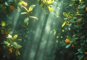 ai genererad Sol lyser genom lummig grenar med strålar skapande en magisk skog glöd, global temperatur stiga bild foto