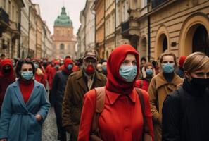 ai genererad folkmassan i ansikte masker promenader stadens centrum prag gator, offentlig transport stad bild foto