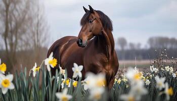 ai genererad majestätisk brun håriga fullblod hingst står stolt i en lantlig landskap omgiven förbi vibrerande påskliljor, hästar bild foto