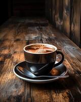 ai genererad en kaffe kopp på en trä- skrivbord, kaffe råna bild hd foto