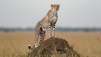 ai genererad självsäker gepard står på termit mound i de savann, majestätisk stor katter bild foto