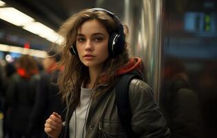 ai genererad kvinna stående i tunnelbana med hörlurar, urban transport bild foto