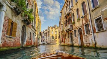 ai genererad skön scen från Venedig, med en fokus på en smal kanal omgiven förbi lång, åldrig byggnader ai genererad foto