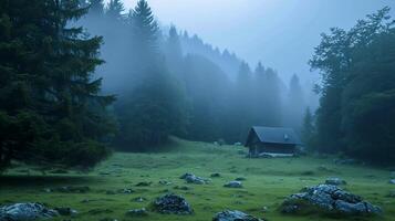ai genererad dimmig skog med enslig stuga i de mitten av grön fält omgiven förbi lång, tät träd. de atmosfär är dimmig, ger de scen mystisk och lugn atmosfär ai genererad foto