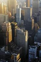 ai genererad Foto stadsbild skyskrapor byggnader. arkitektonisk mångfald är uppenbar, med byggnader indikativ av ett tidigt morgon- eller sent eftermiddag miljö i upptagen urban miljö ai genererad