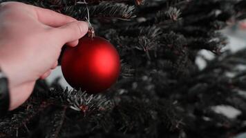 kvinna hand innehar en röd jul boll på de bakgrund av en jul träd foto