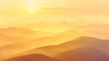ai genererad bild av gyllene soluppgång belysande de dimmig berg. de mjuk gradienter och eterisk atmosfär kan inspirera hisnande digital konst bitar. ai genererad foto