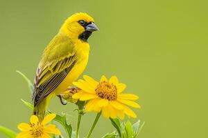 ai genererad vibrerande gul fågel uppflugen på en blomning gul blomma mot en mjuk grön bakgrund ai genererad foto