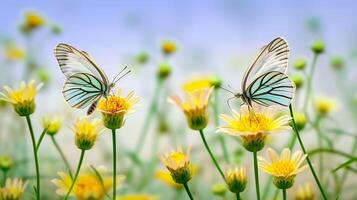 ai genererad Foto vit fjärilar med svart konturer på deras vingar, uppflugen på vibrerande gul blommor. de fjärilar är omgiven förbi talrik liknande blommor ai genererad