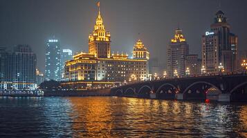 ai genererad nattetid stadsbild terar lång byggnader, en bro, och en flod ai genererad foto