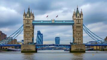 ai genererad ikoniska torn bro i london, England under ett mulen himmel ai genererad foto