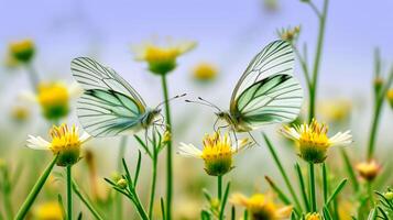 ai genererad Foto vit fjärilar med svart konturer på deras vingar, uppflugen på vibrerande gul blommor. de fjärilar är omgiven förbi talrik liknande blommor ai genererad